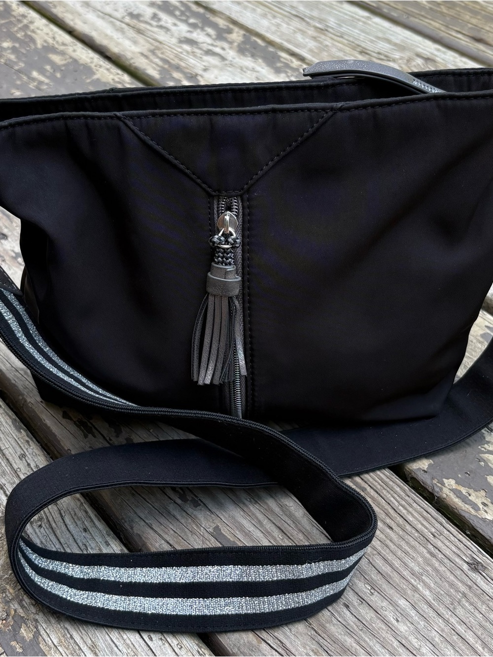 Stella & Dot Black Crossbody Bag with Tassel and Zipper by Accent